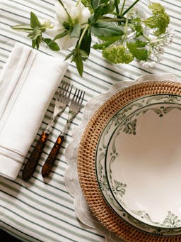 Victoria striped linen tablecloth in chalk & moss green Tablecloth Rebecca Udall    - Collagerie