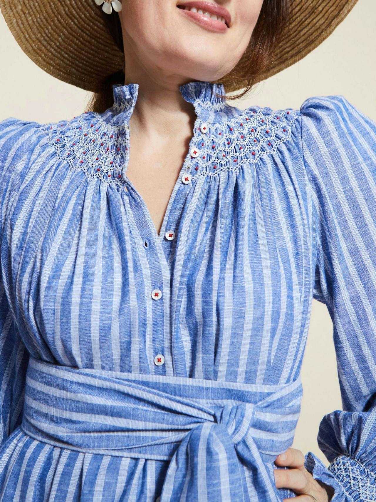 Colette dress chambray stripes with hot lips hand smocking  Smock London    - Collagerie