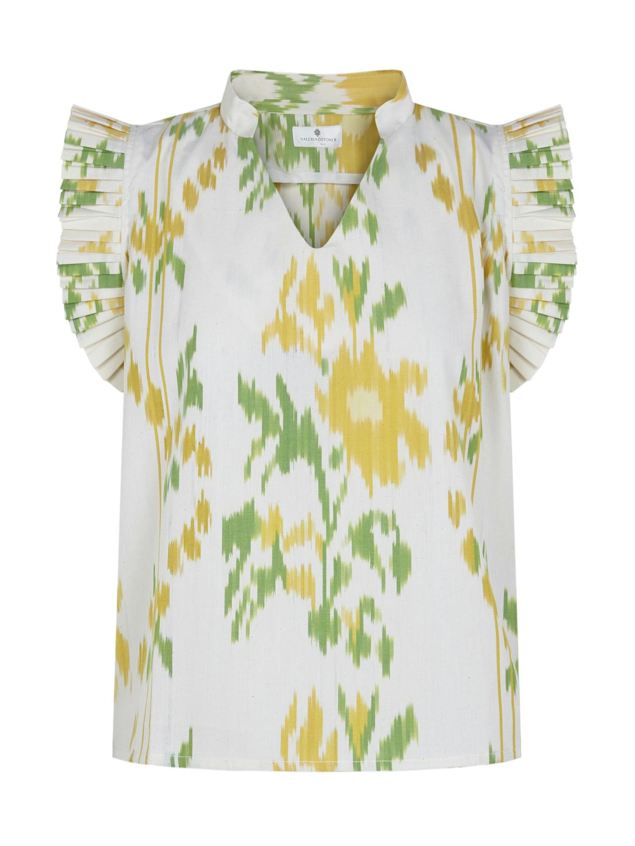 White, yellow and green Ikat cotton blouse