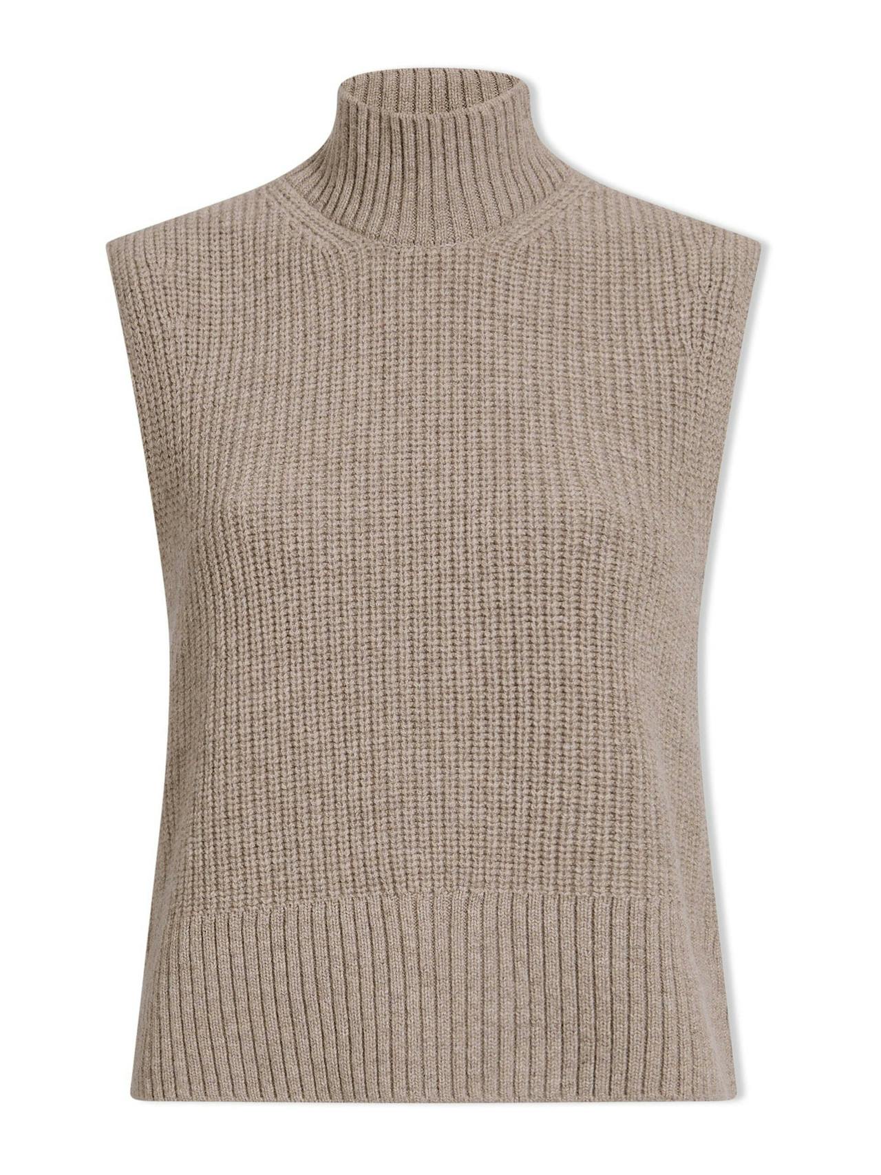 Taupe Janie cashmere blend funnel neck sleeveless jumper