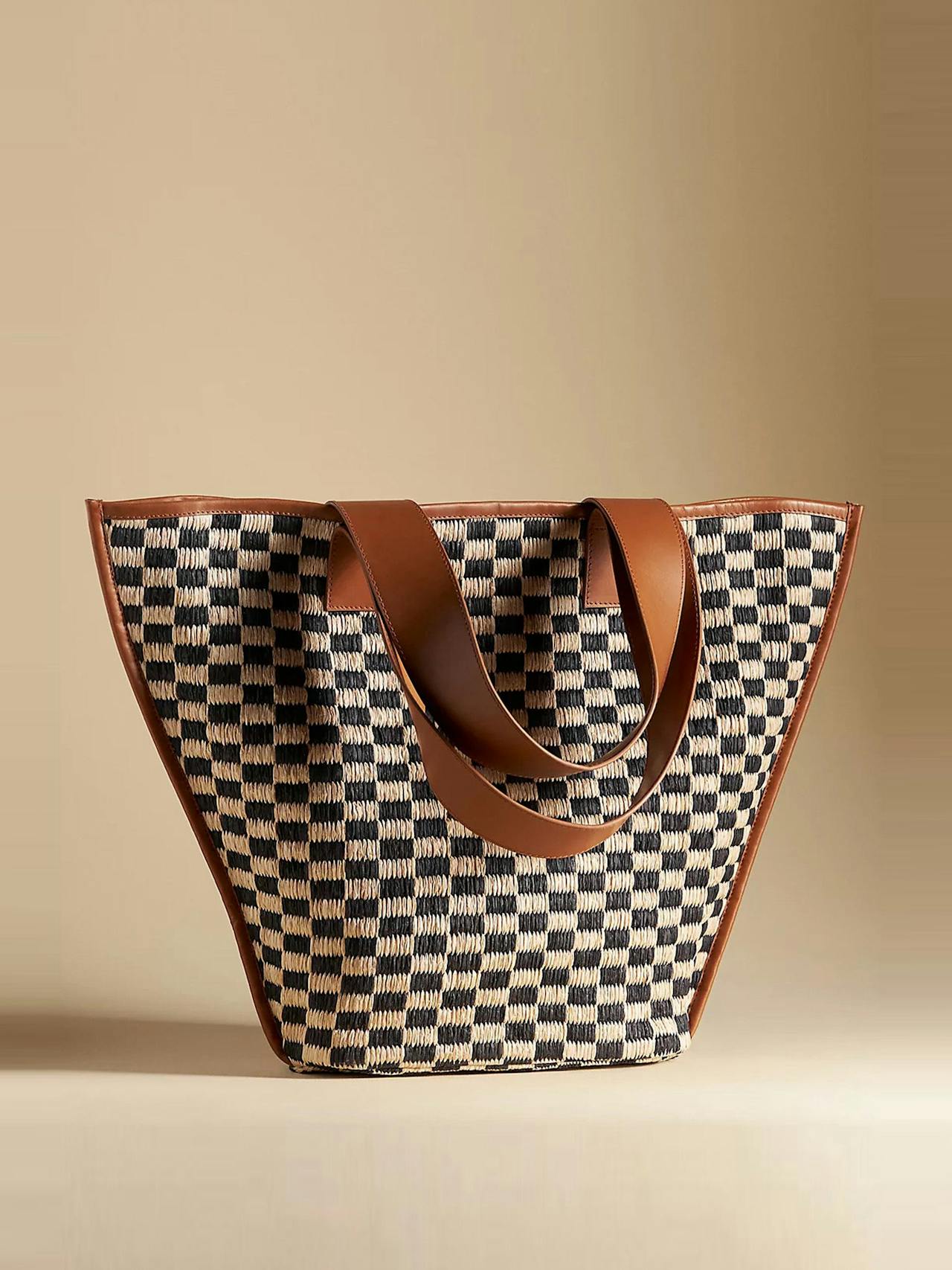 Raffia checkered angular tote bag