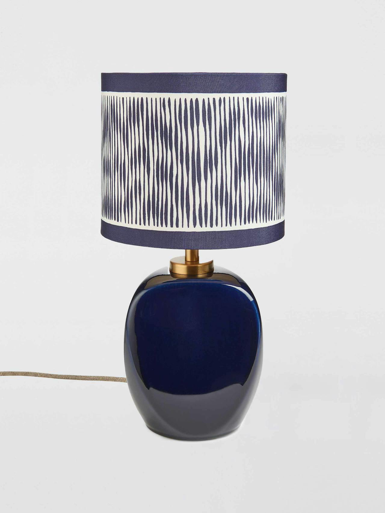 Ikat stripe print small faceted ceramic table lamp, blue