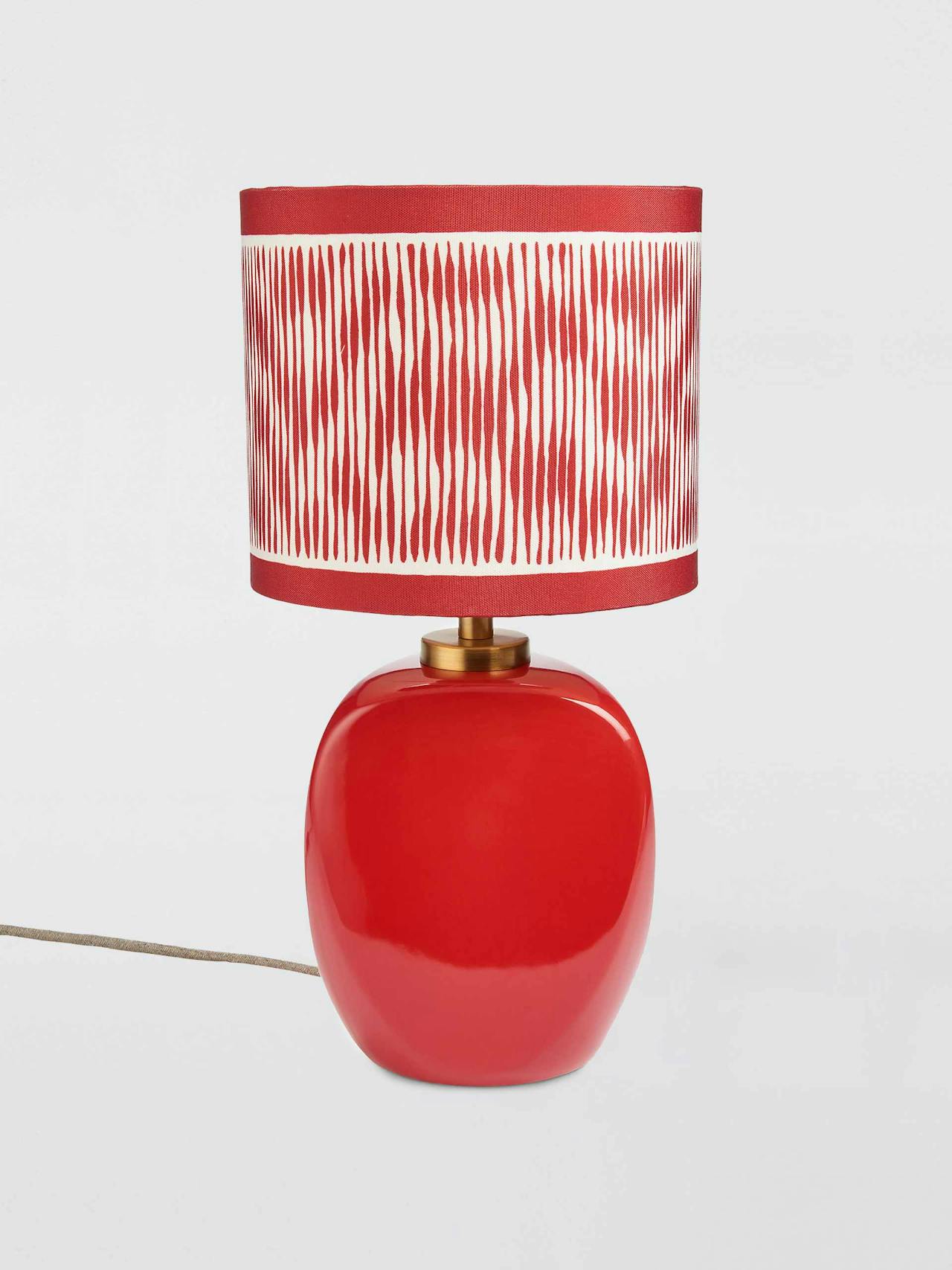 Ikat stripe print small faceted ceramic table lamp, red