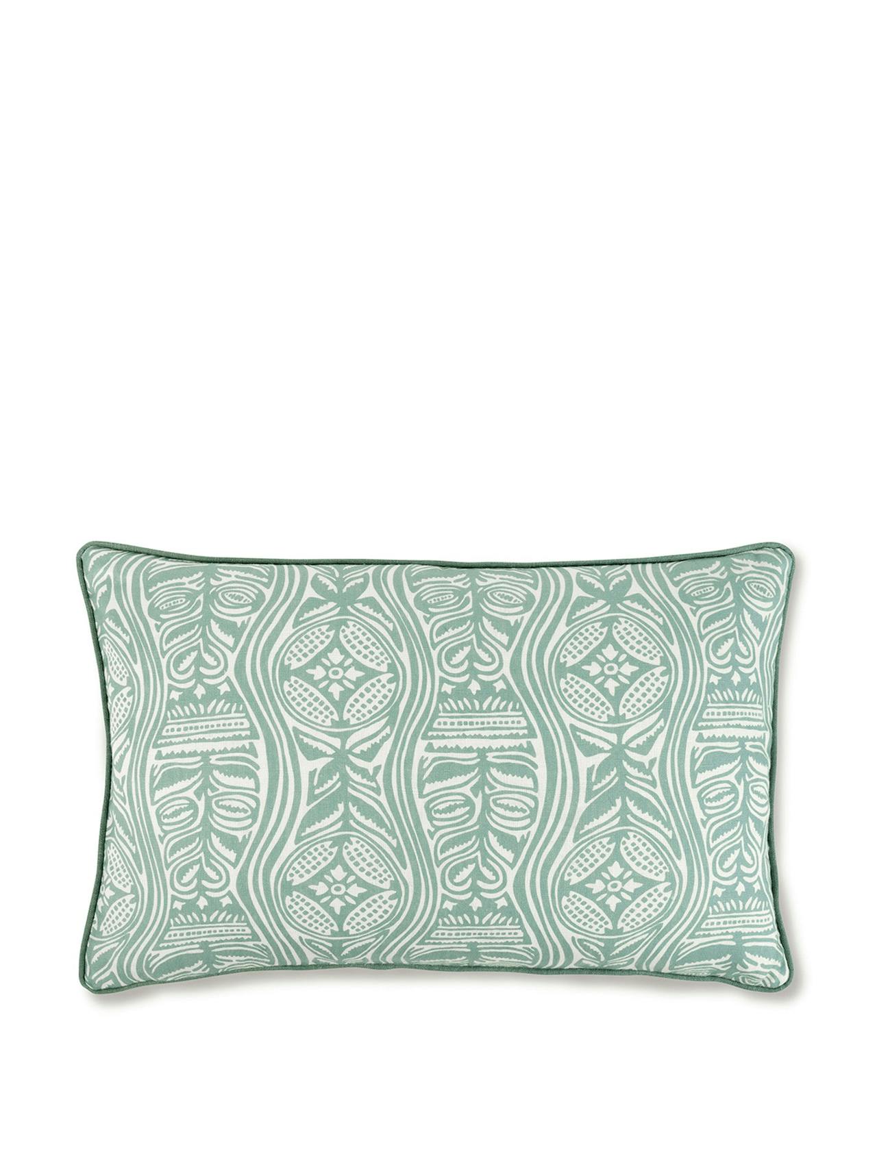 Dacha print cushion in teal with venetian linen velvet in midnight blue