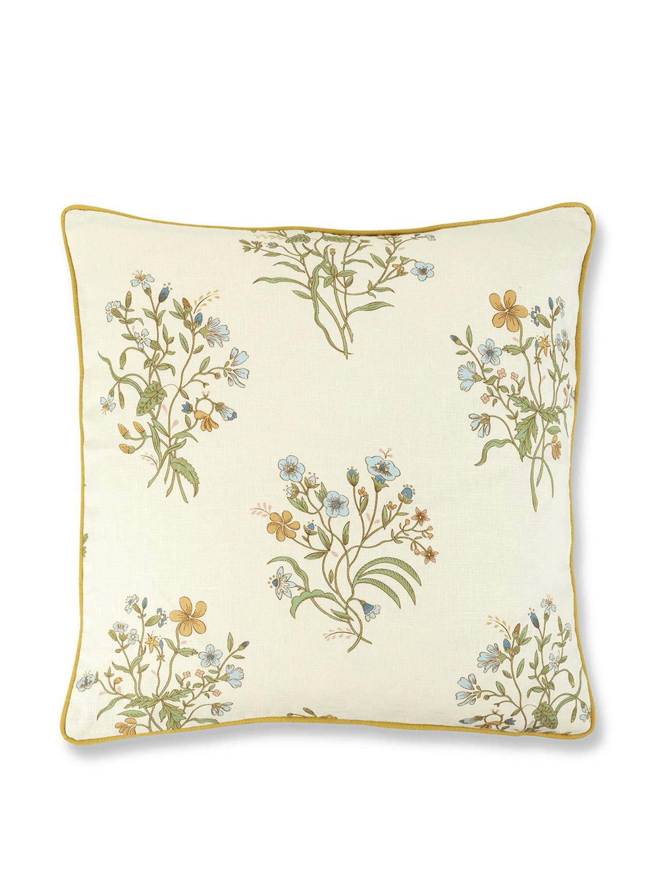 Flax and field flower cushion with ochre trim