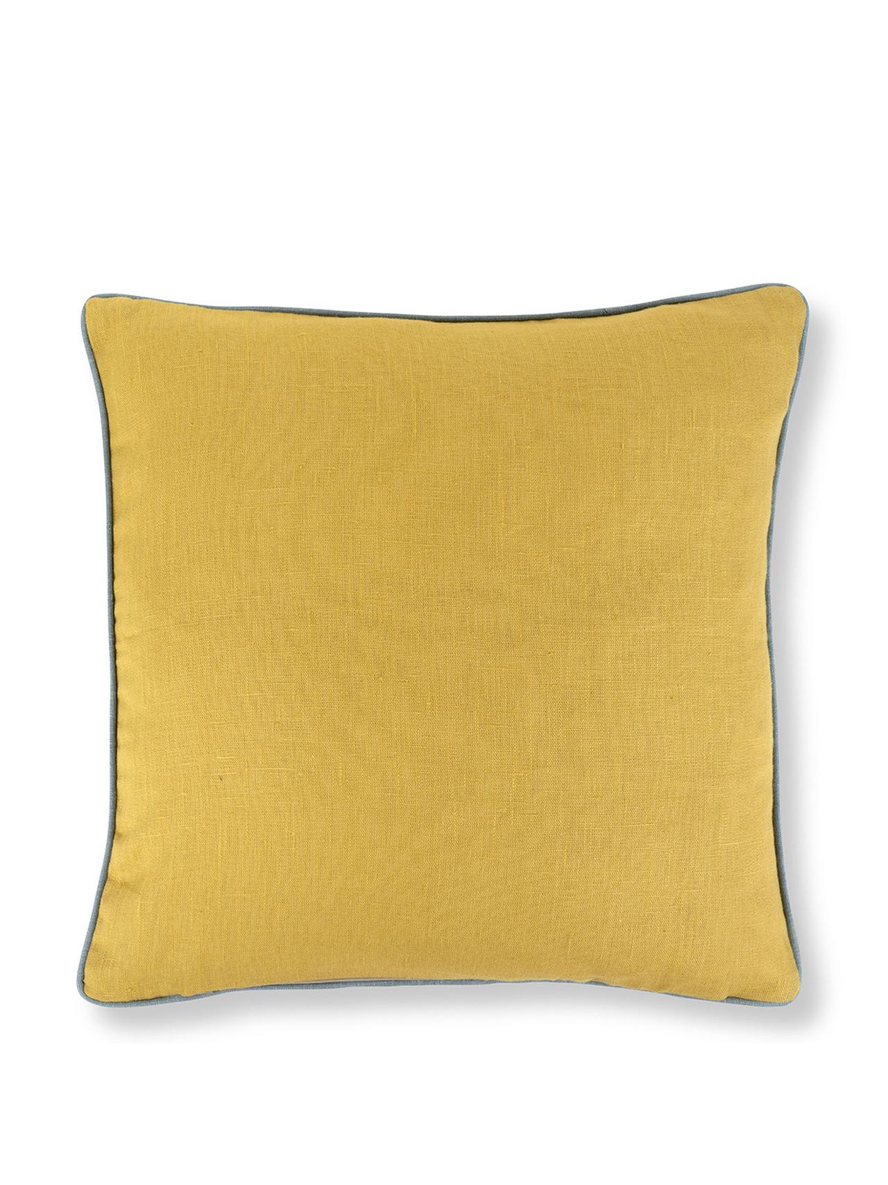 Flax & field posy stripe cushion in ochre with contrast reverse and chambray blue trim Cushions Volga Linen    - Collagerie