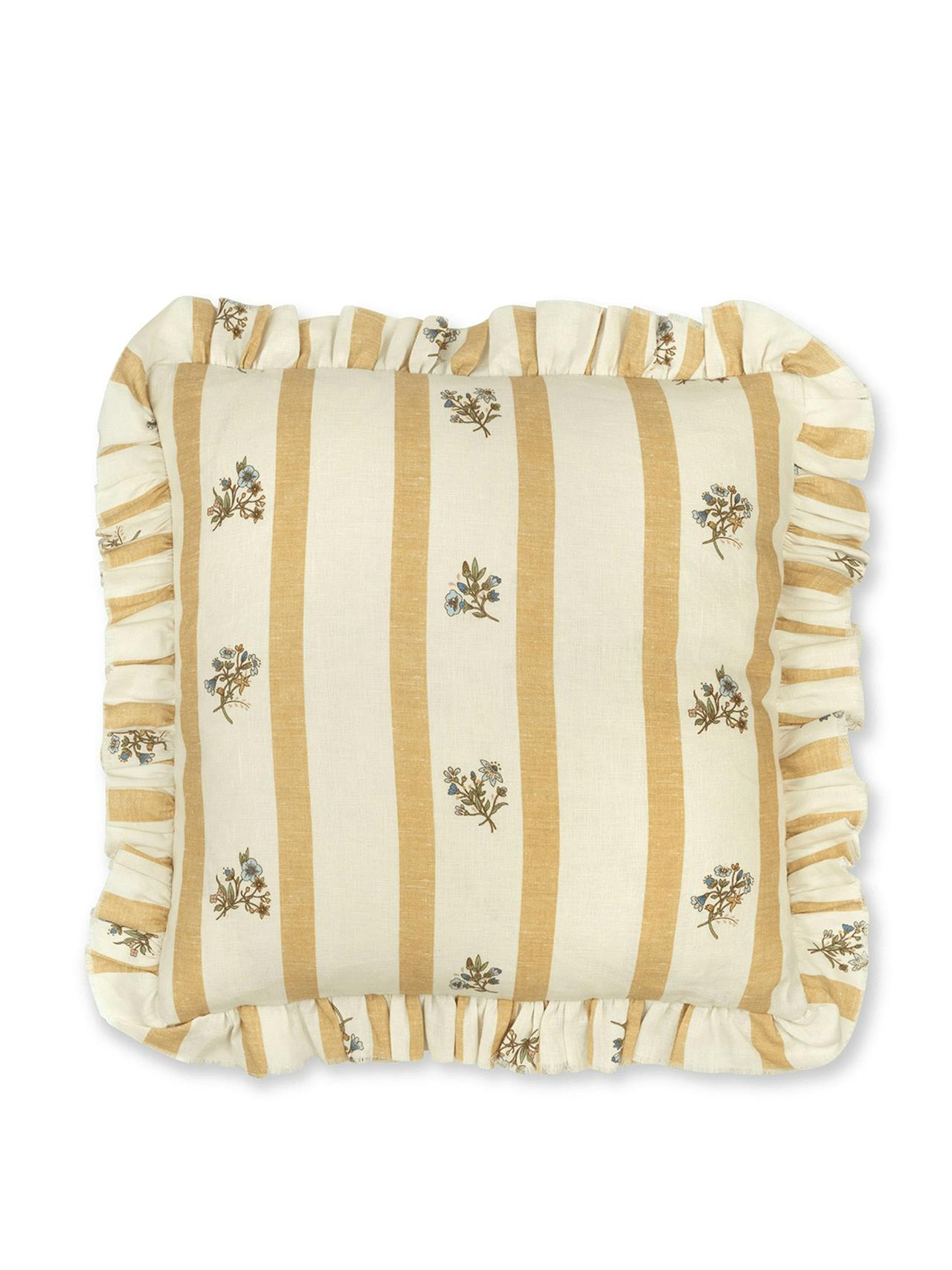 Flax and field posy stripe cushion in ochre with frill