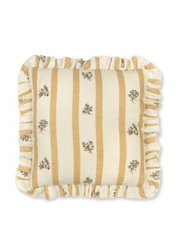 Flax and field posy stripe cushion in ochre with frill Cushions Volga Linen    - Collagerie