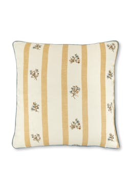 Flax & field posy stripe cushion in ochre with contrast reverse and chambray blue trim Cushions Volga Linen    - Collagerie