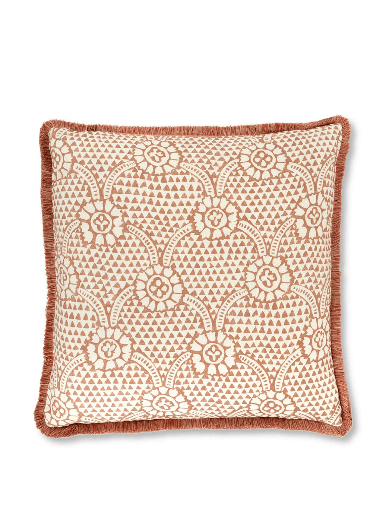 Terracotta Ivan print cushion with brushed fringe trim