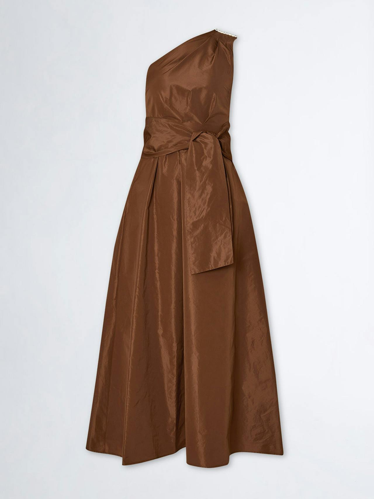 Brown one-shoulder taffeta dress