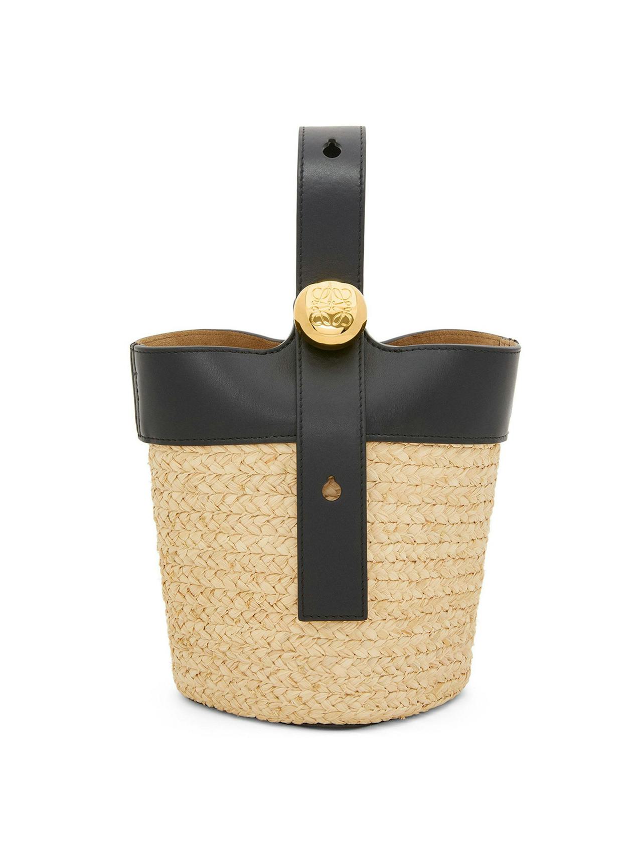 Mini Pebble Bucket bag in raffia and calfskin