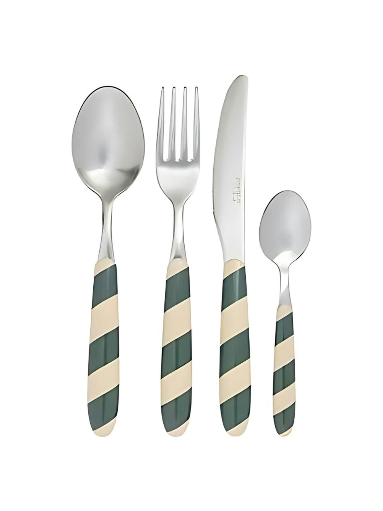 Green and ecru striped cutlery (set of 4)