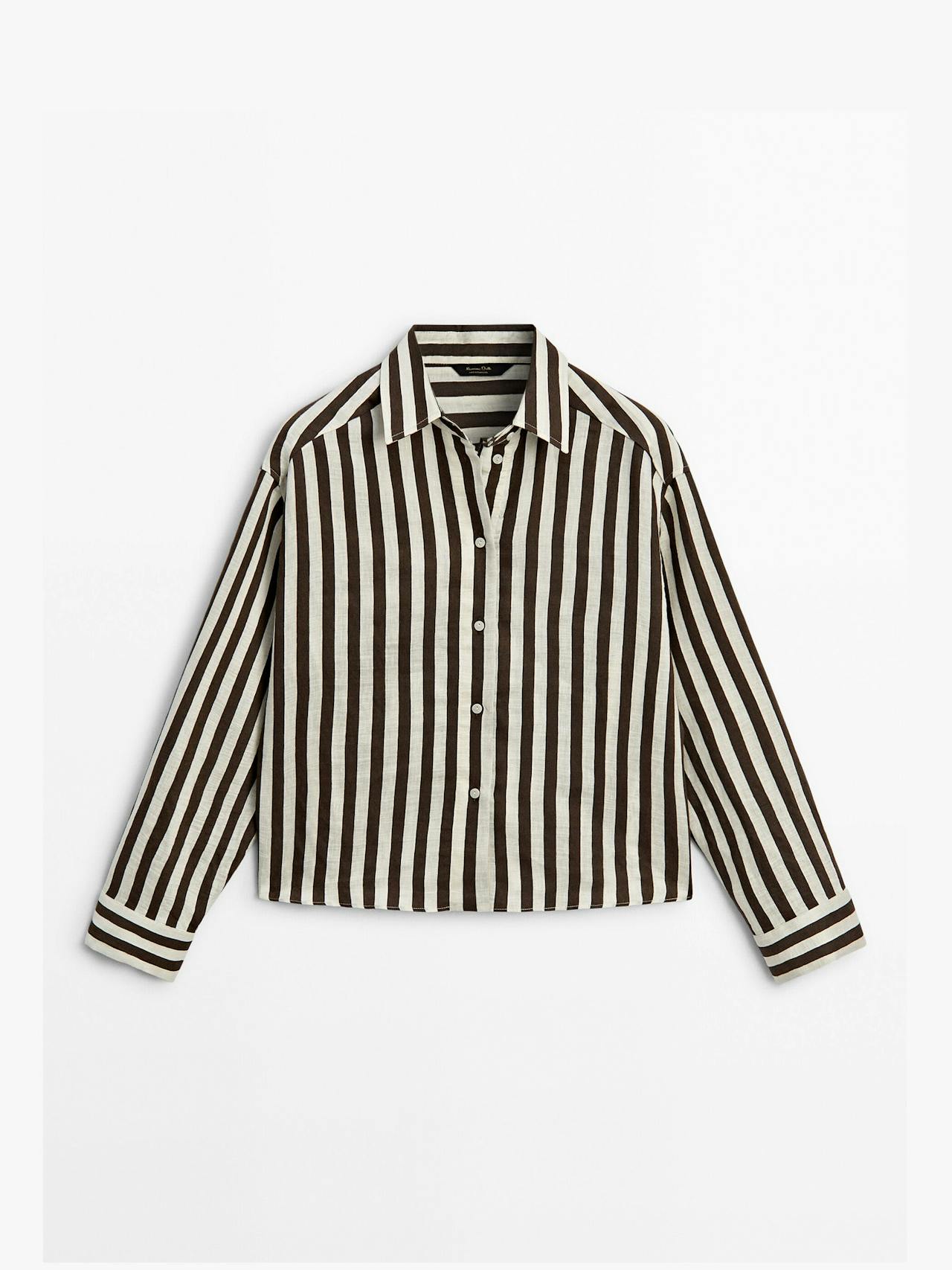 Striped cropped linen blend shirt with long sleeves