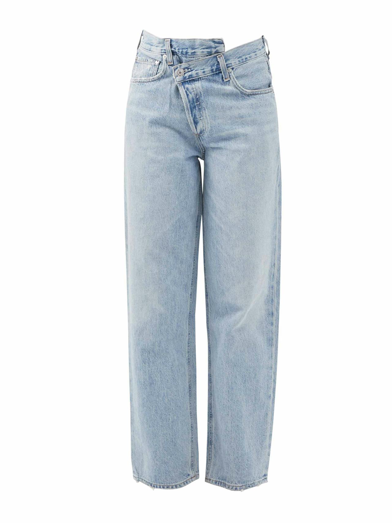 Crossover-button straight-leg jeans