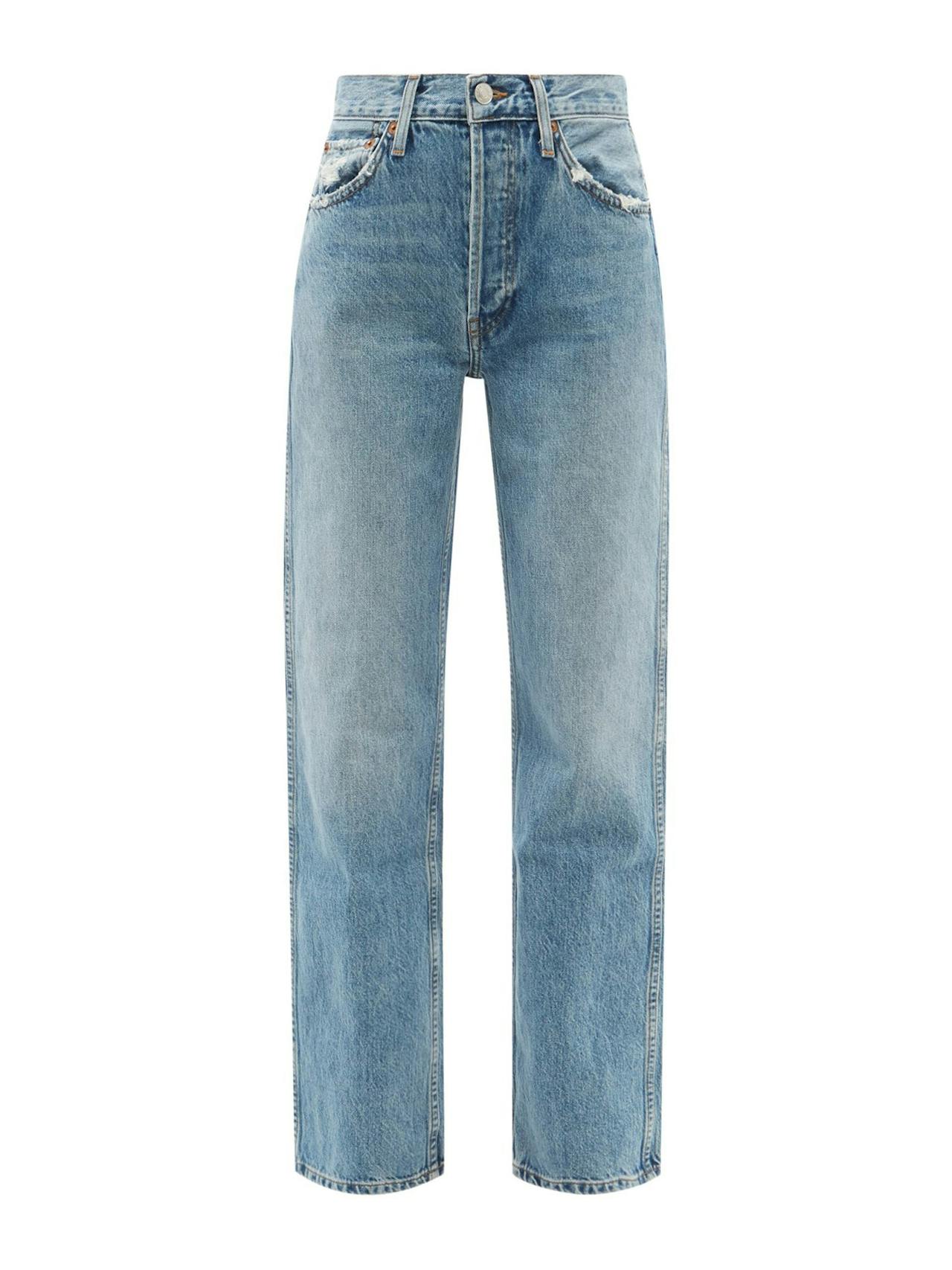 Distressed high-rise straight-leg jeans