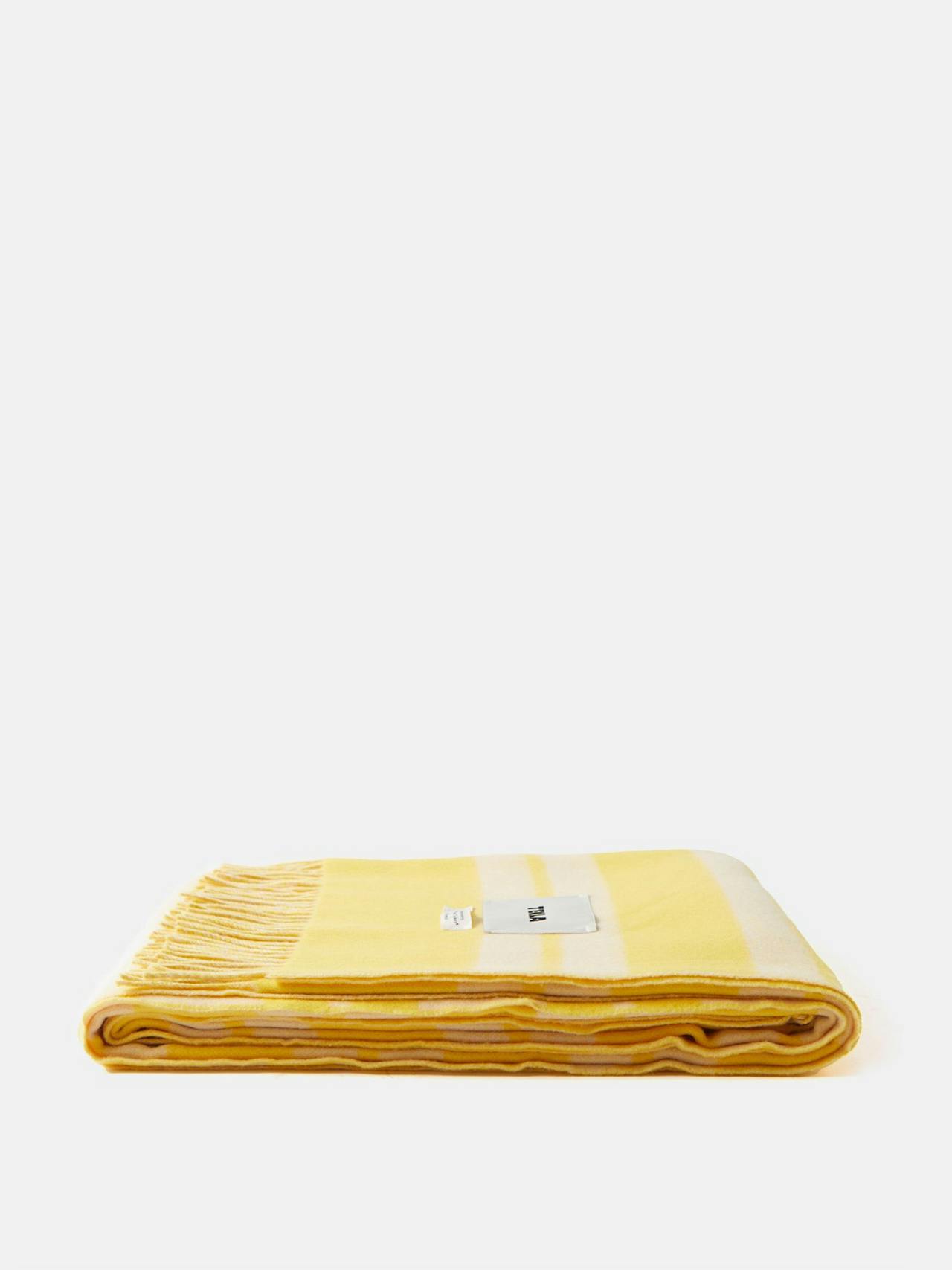 Yellow fringed striped lambswool blanket