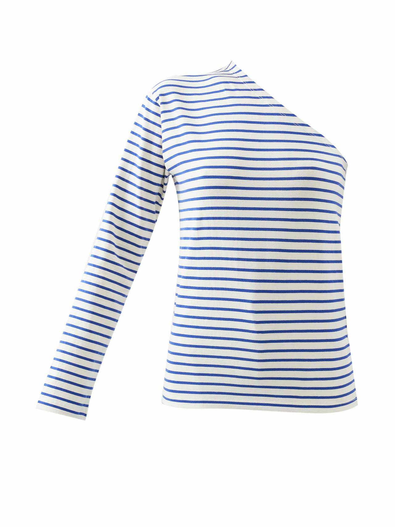 Blue and white one-shoulder striped cotton top