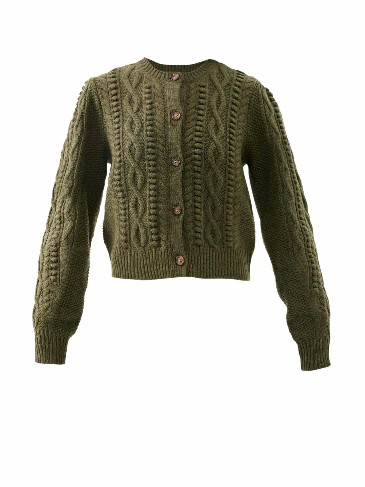 Khaki cropped cable-knit wool-blend cardigan