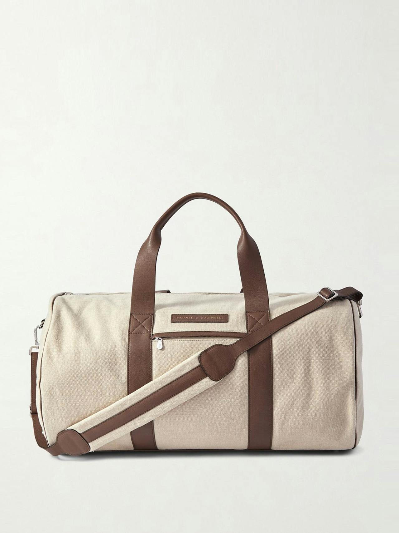 Leather-trimmed canvas weekend bag