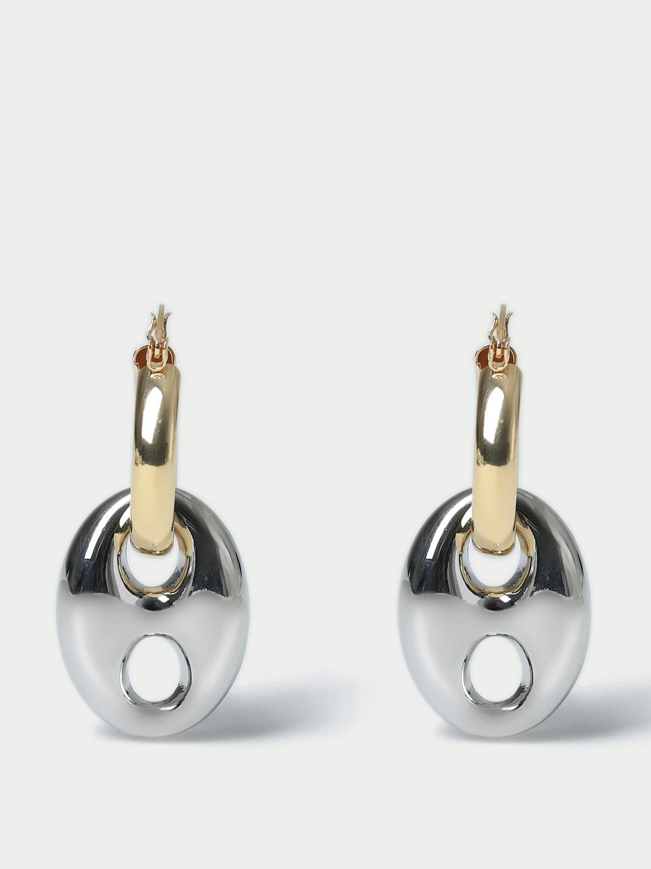 Mixed metal link drop hoop earrings