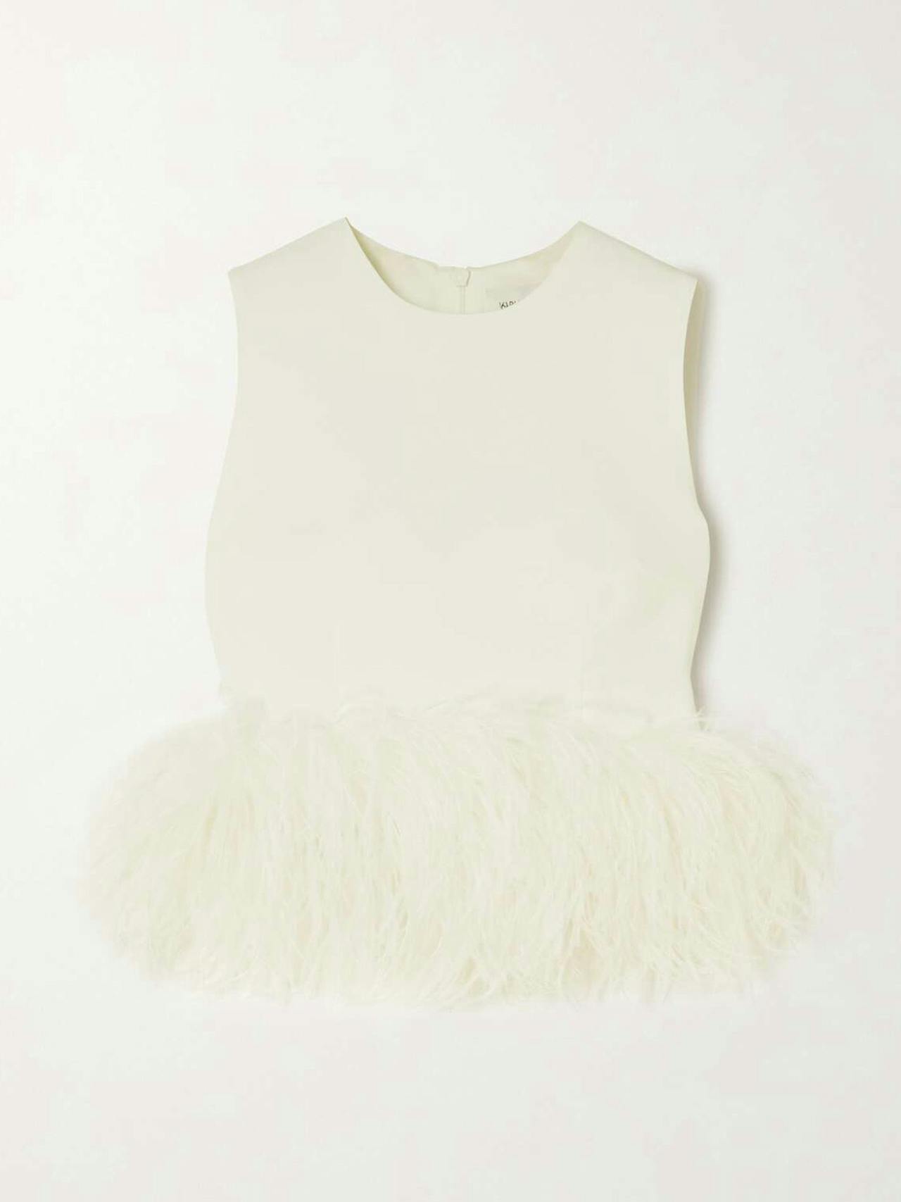 Hoku cropped feather-trimmed crepe top