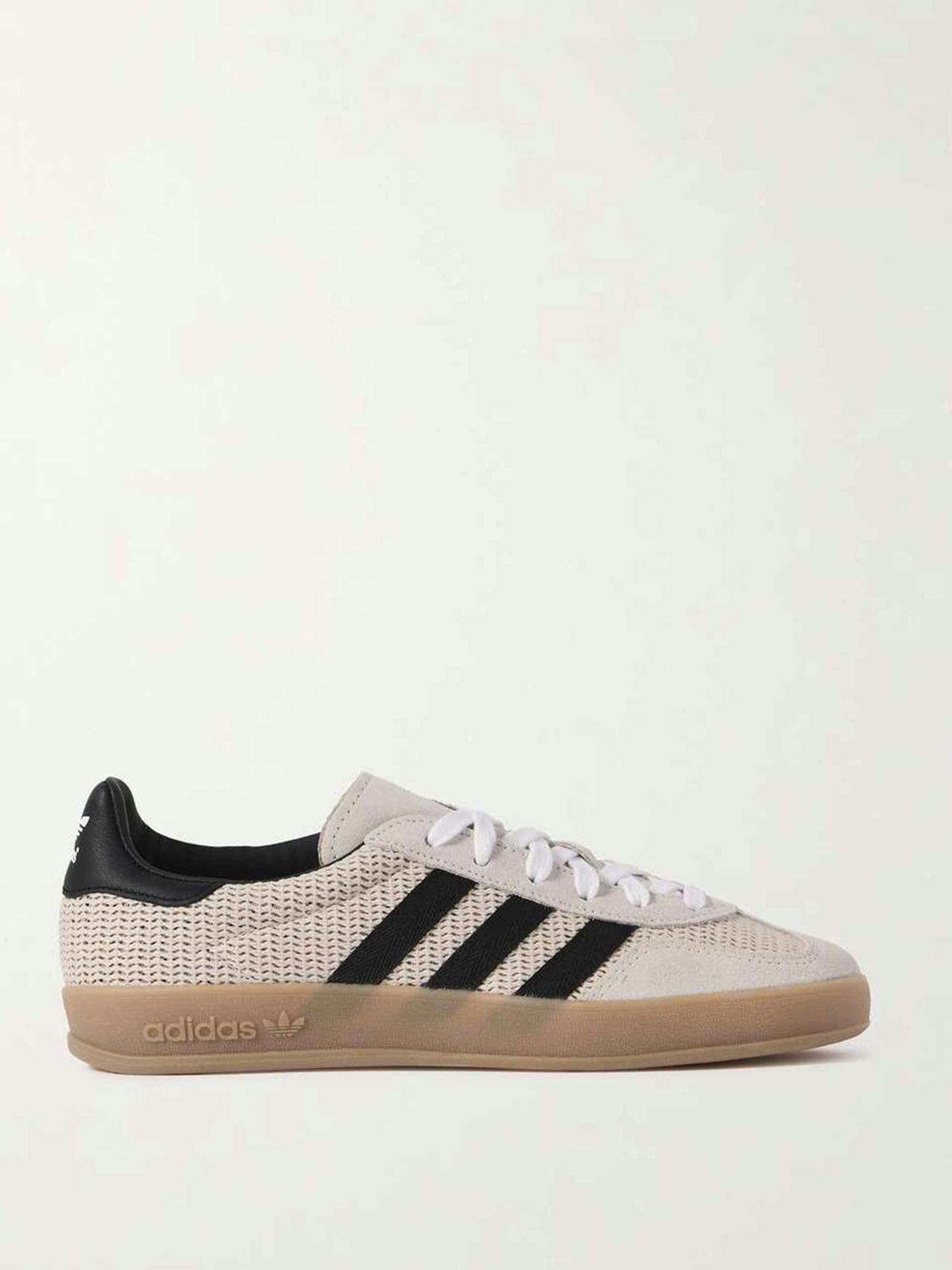 Gazelle Indoor suede, grosgrain and leather-trimmed raffia sneakers