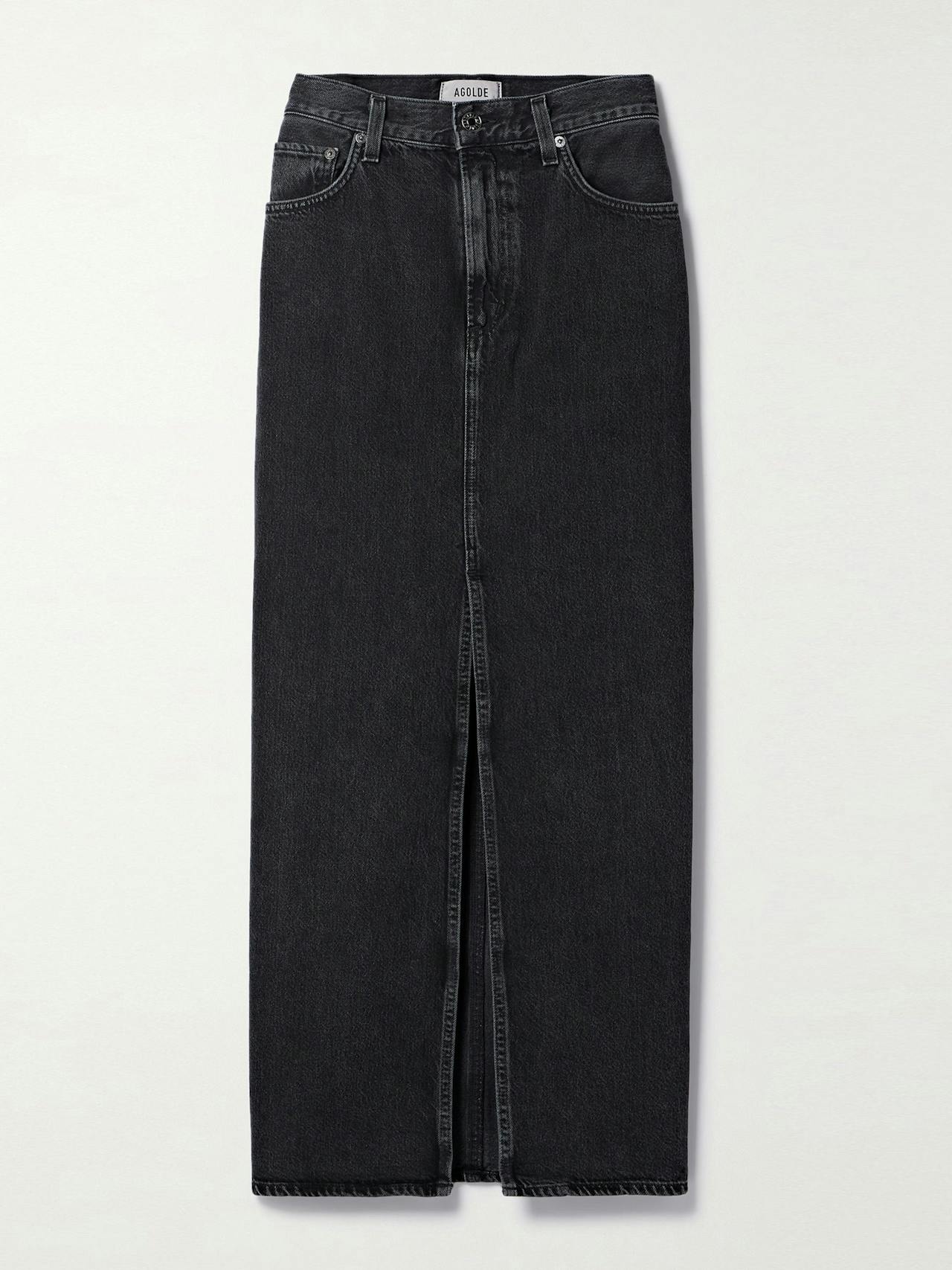 Black organic denim maxi skirt