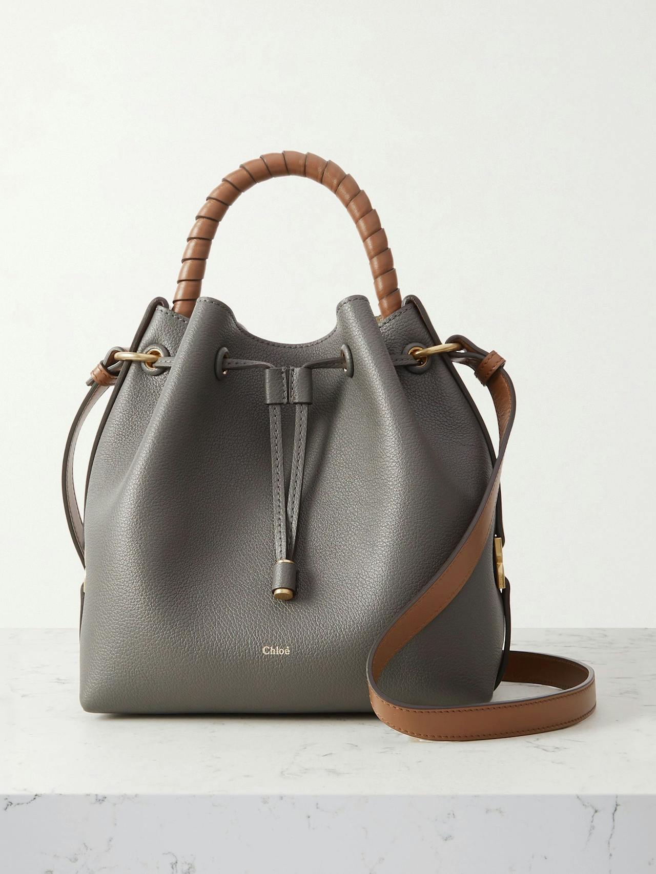 Marcie two-tone textured-leather bucket bag in Grey