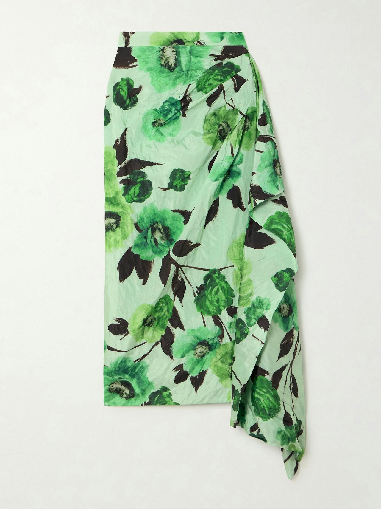 Asymmetric draped floral-print crinkled-taffeta midi skirt
