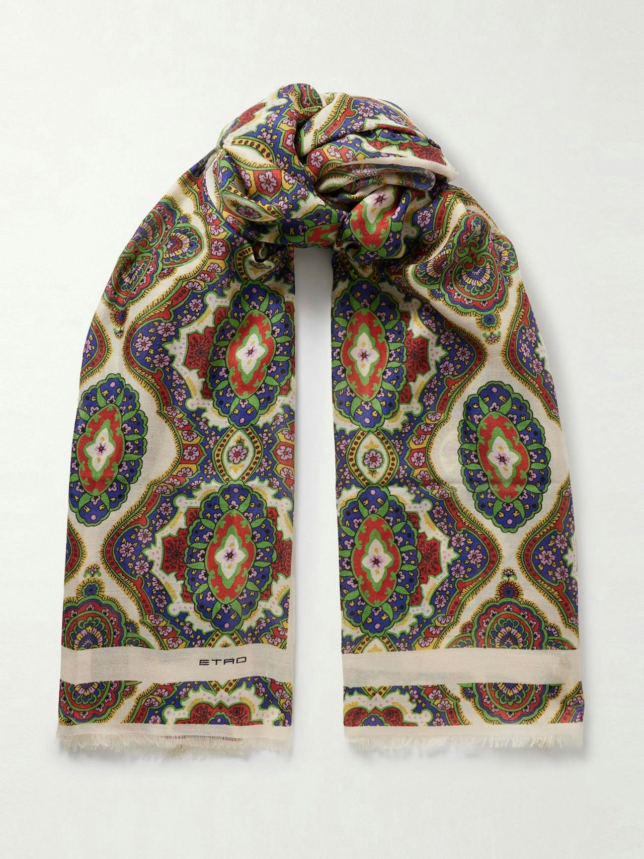 Frayed printed cashmere, silk, and wool-blend scarf