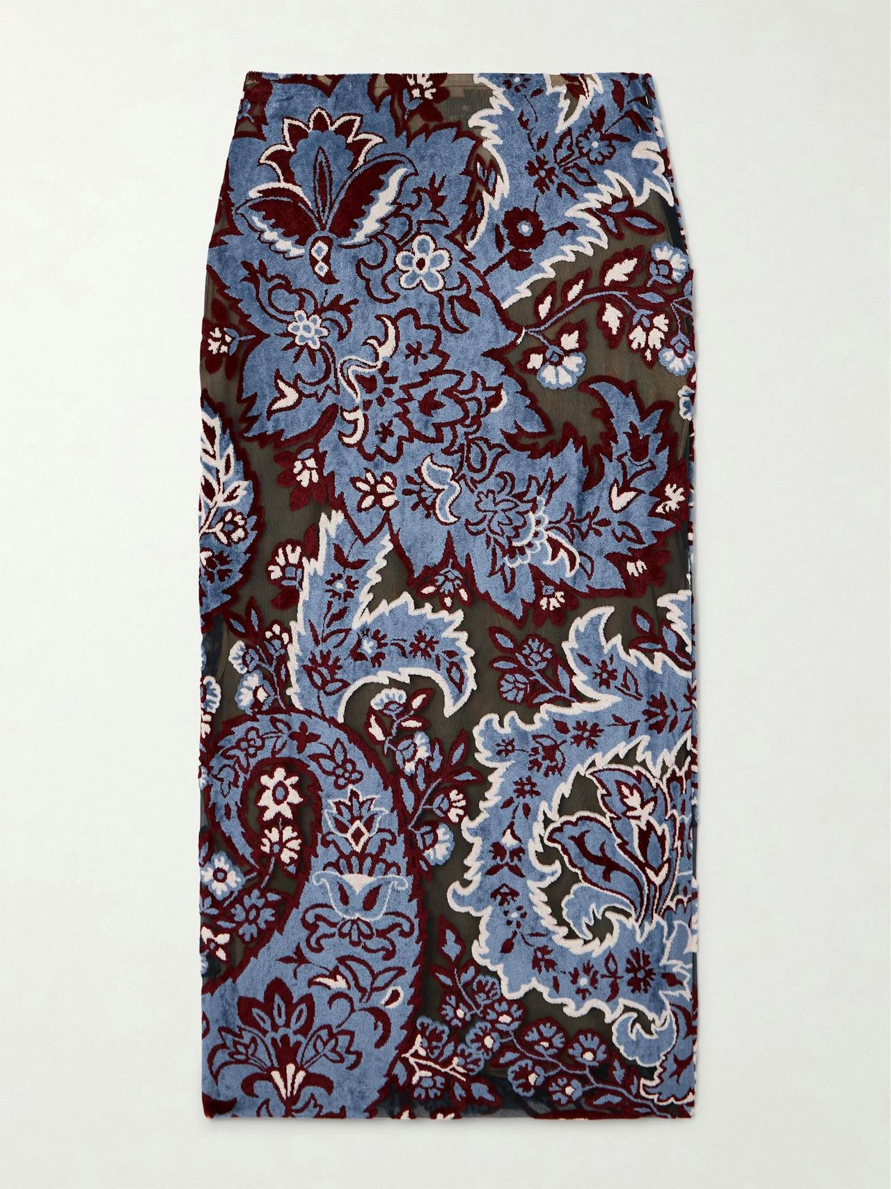 Tulle-trimmed paisley-print velvet midi skirt