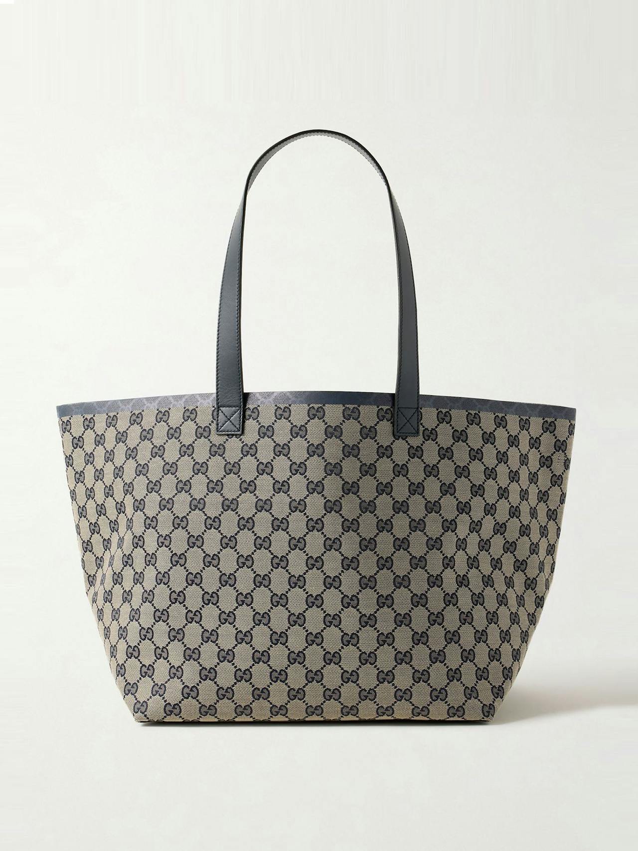 Reversible leather-trimmed coated canvas-jacquard tote