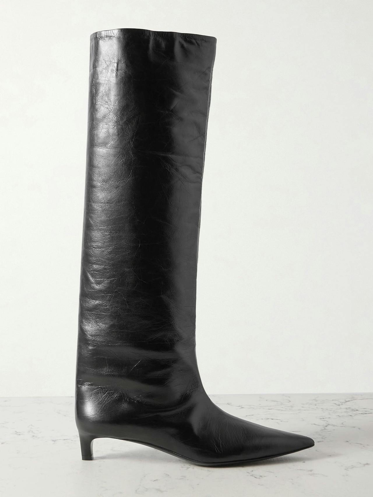 Textured-leather point-toe knee boots