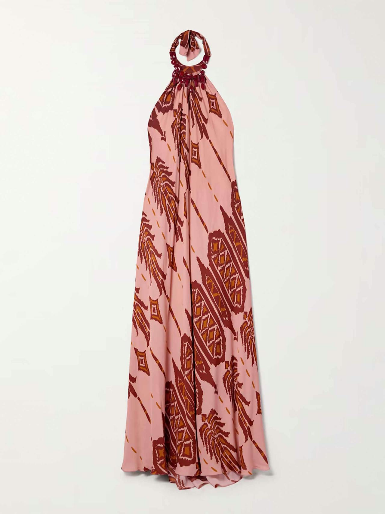 Mohican Song printed silk-crepe halterneck maxi dress and necklace