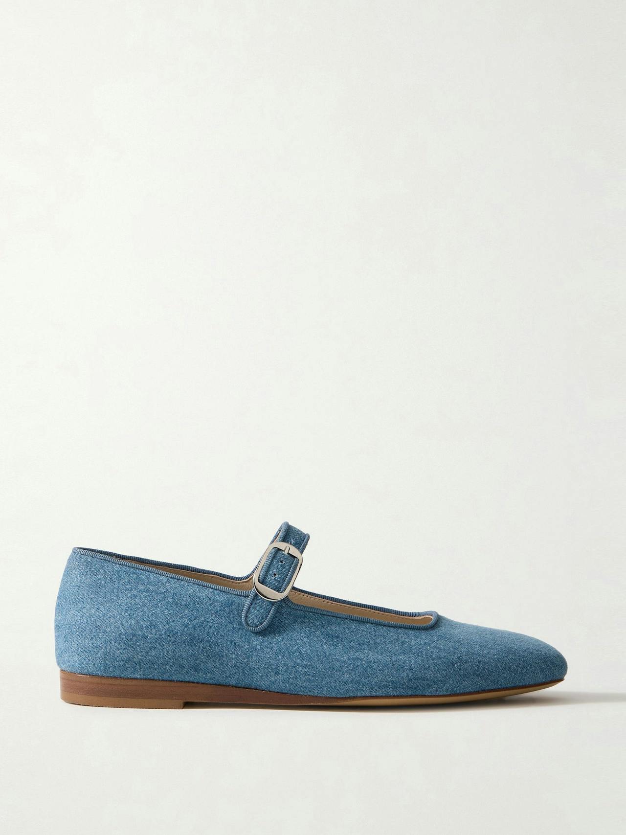 Grosgrain-trimmed denim Mary Jane ballet flats