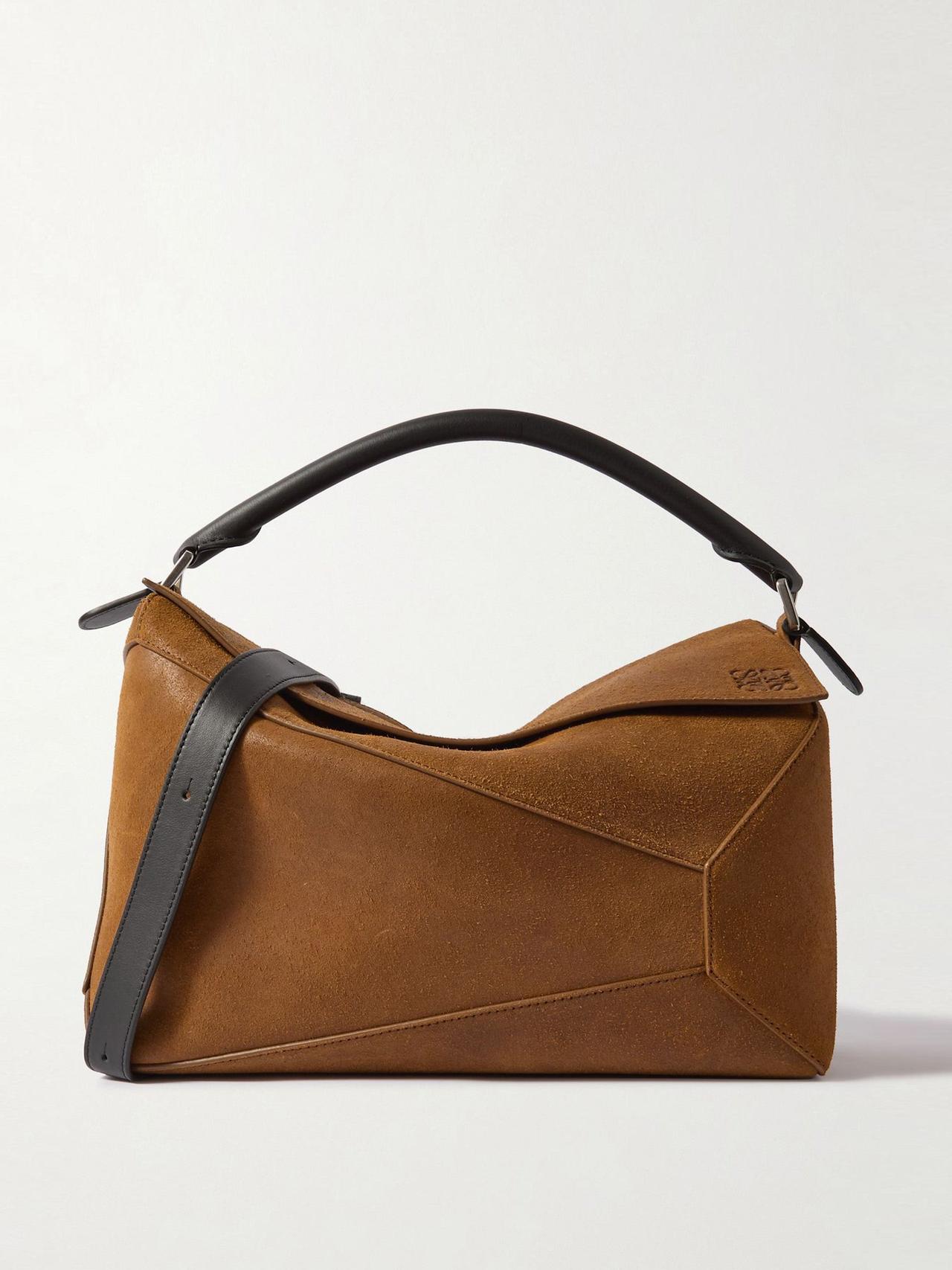 Puzzle Edge large leather-trimmed suede shoulder bag