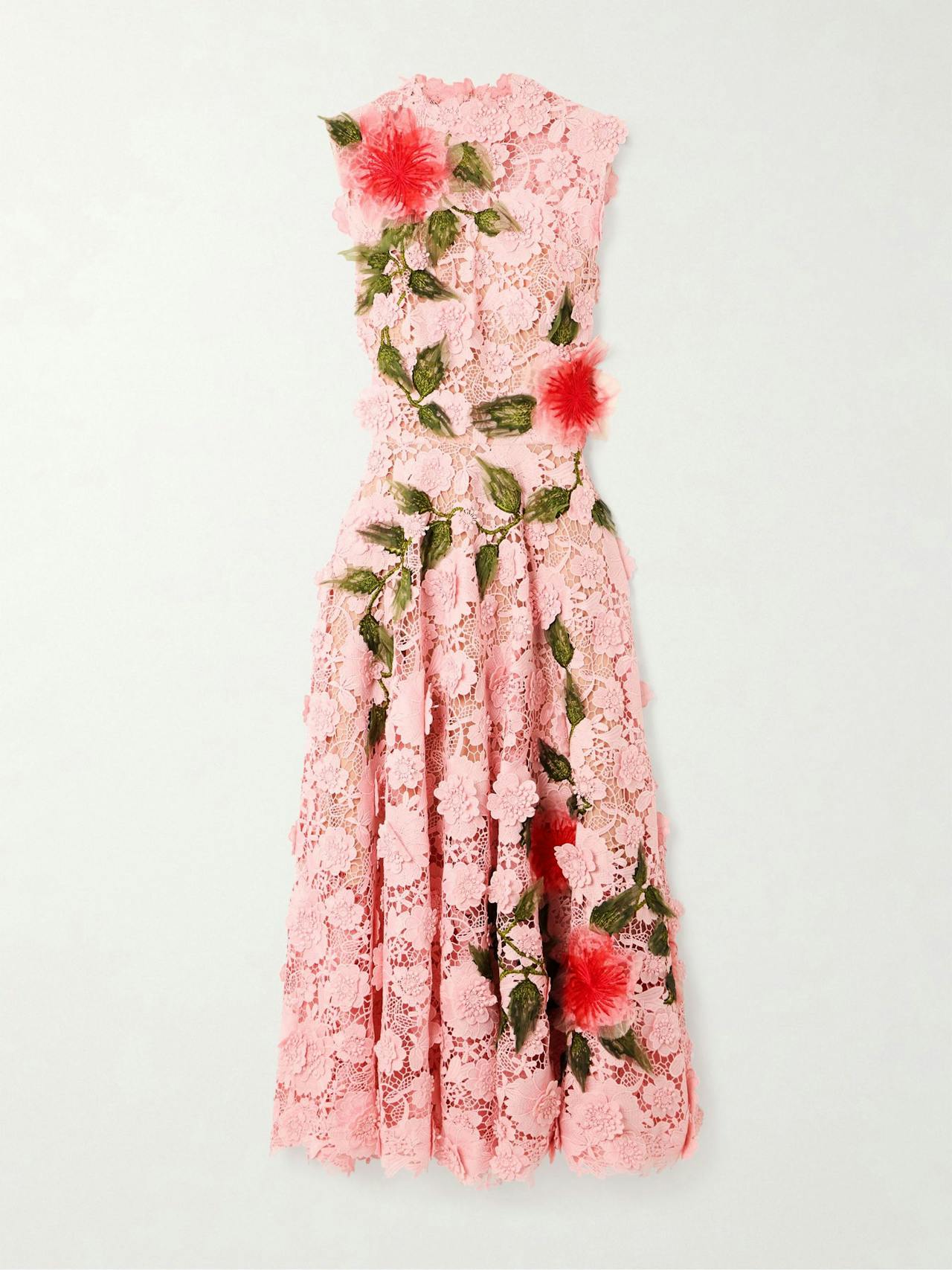 Hibiscus appliquéd embroidered guipure lace midi dress