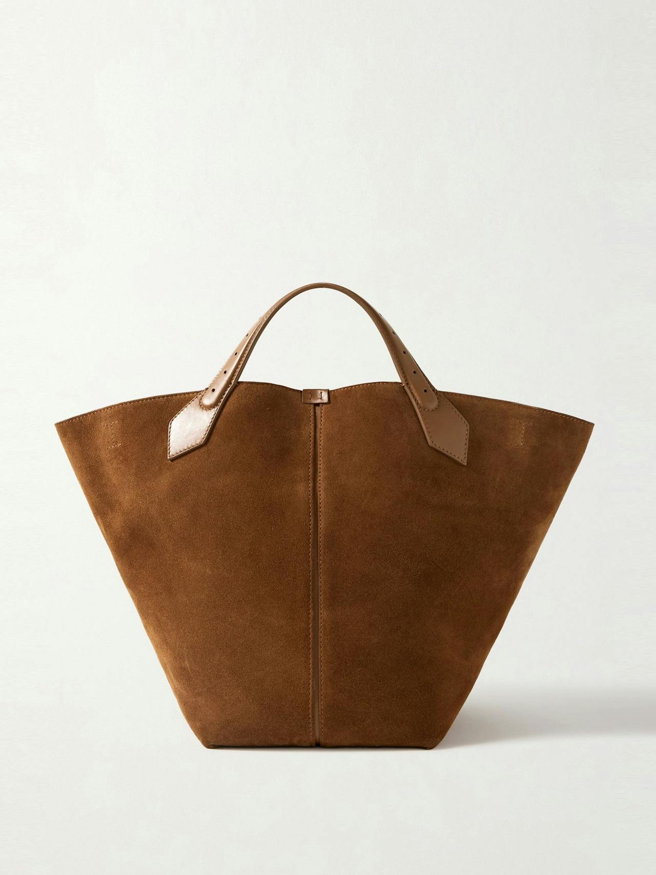 Large Chelsea leather-trimmed paneled suede tote