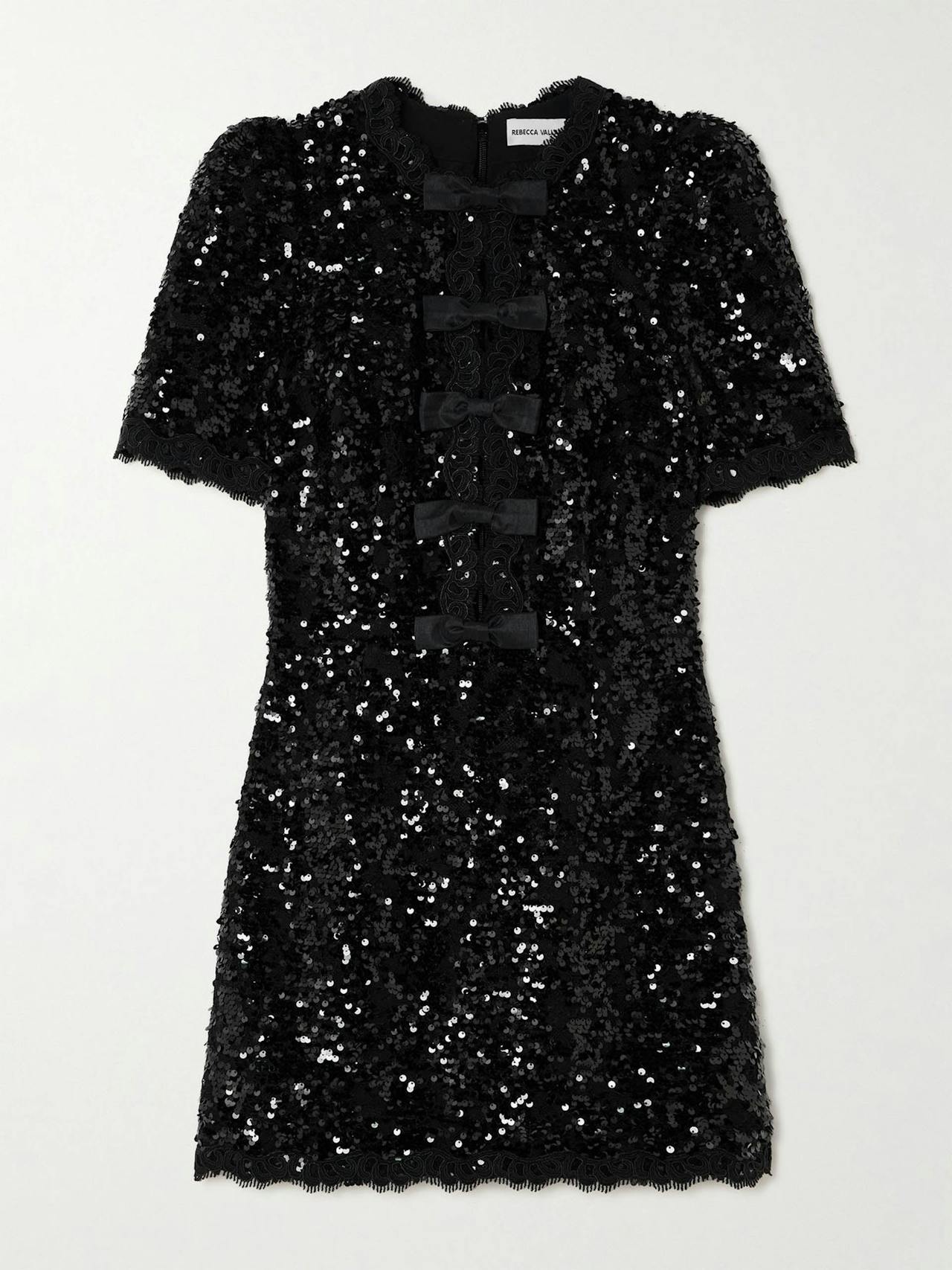 Diana bow-detailed lace-trimmed sequined woven mini dress