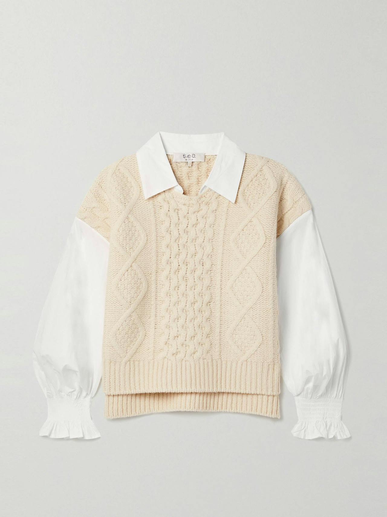 Devana cable-knit wool-blend and cotton-poplin sweater