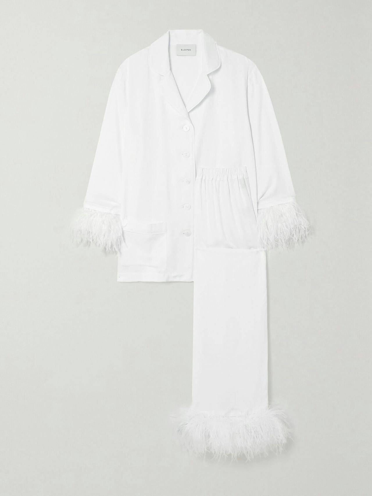Feather-trimmed twill pyjama set