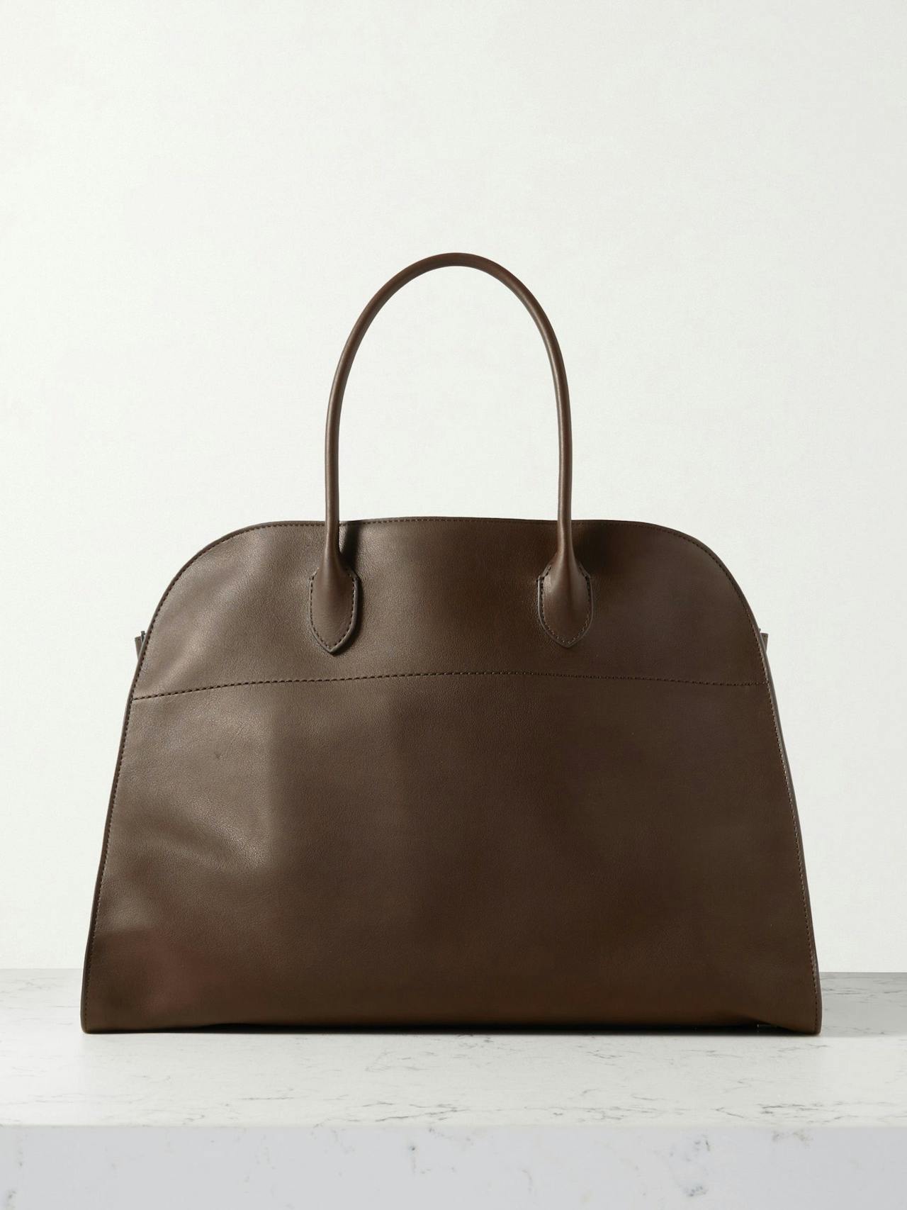 Margaux 17 buckled leather tote in Dark Brown