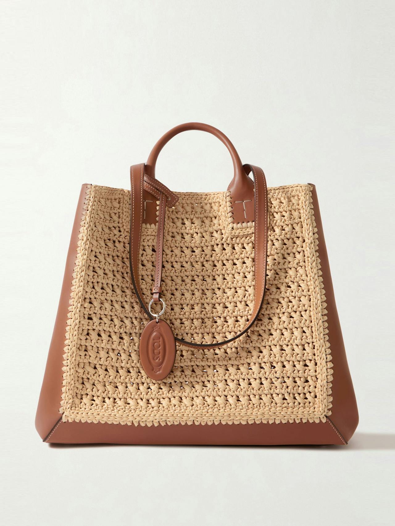 Medium leather-trimmed raffia tote