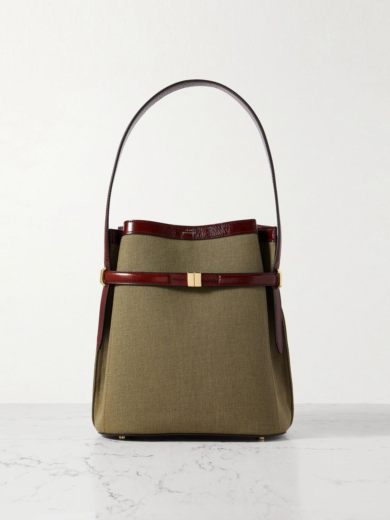 Belted textured leather-trimmed canvas tote