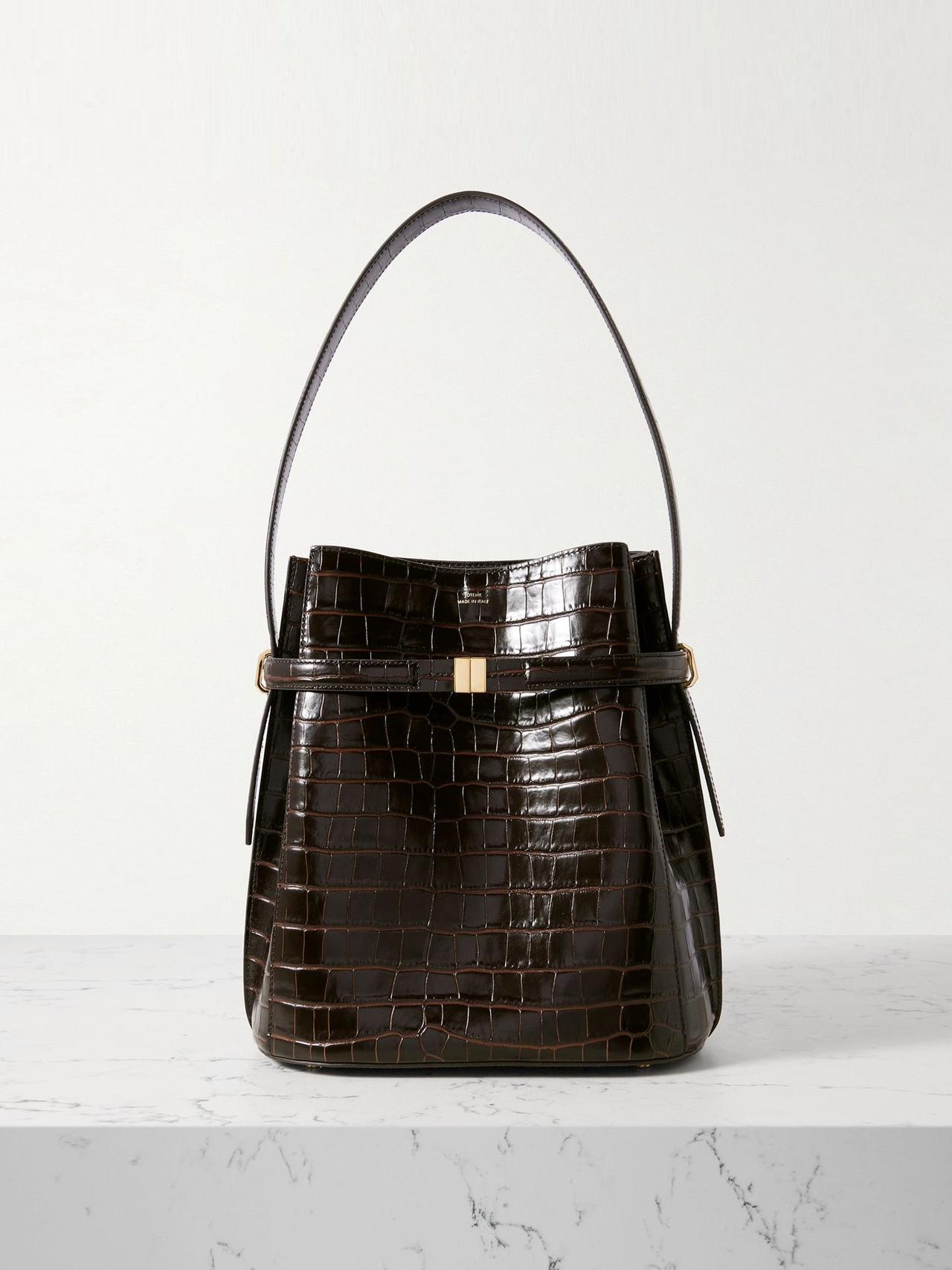 Belted croc-effect leather tote