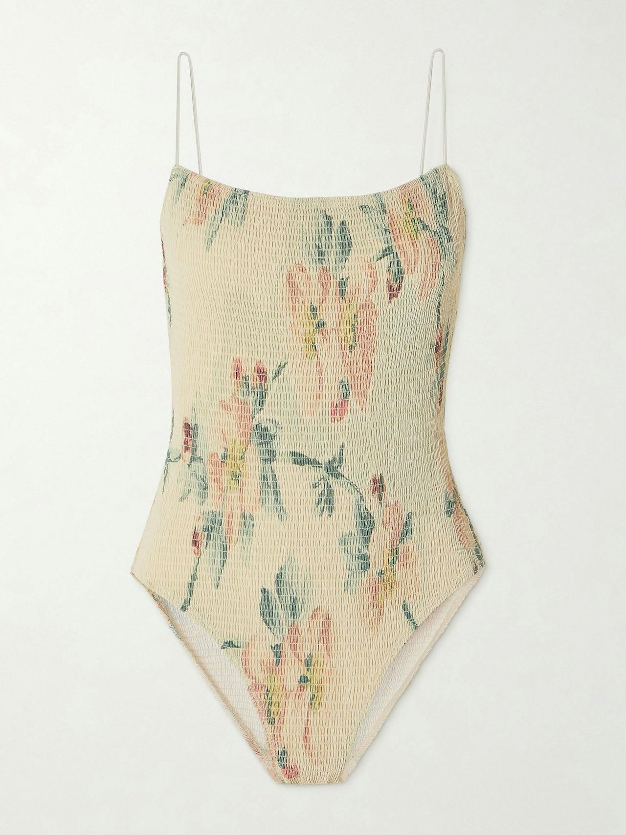 Shirred floral-print recycled swimsuit