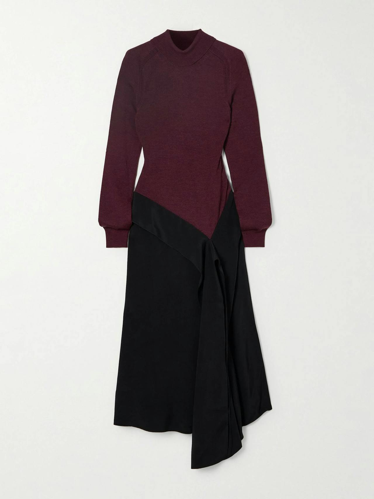 Asymmetric paneled wool and jersey turtleneck dress