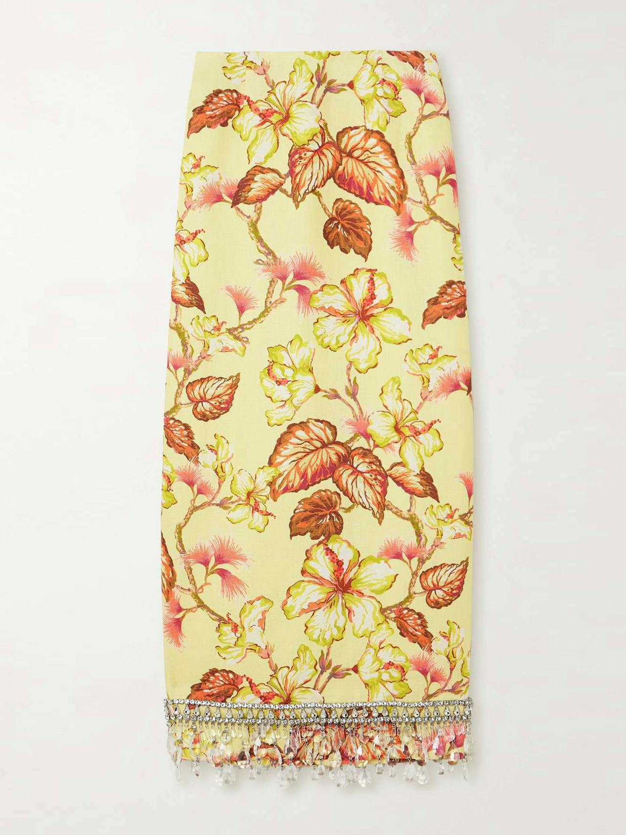 Matchmaker crystal-embellished floral-print linen midi skirt