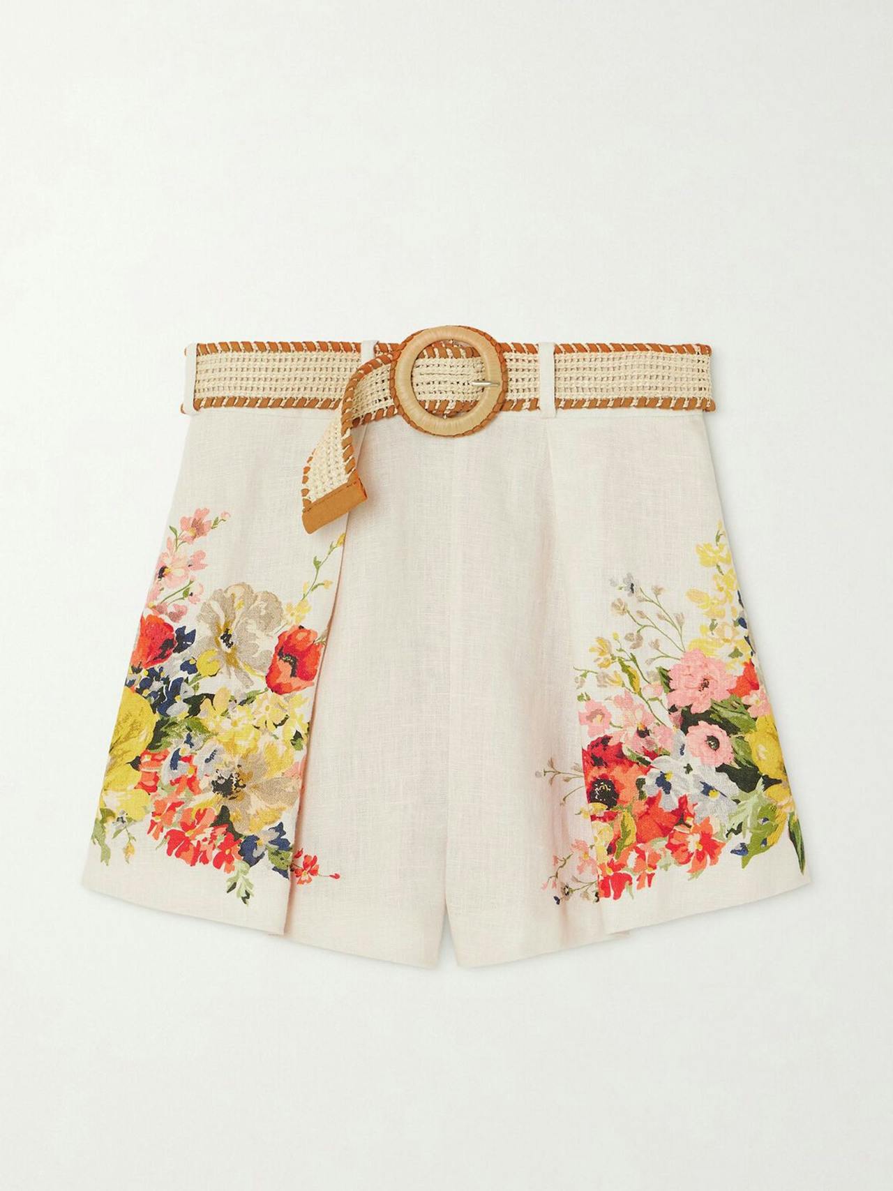 Alight belted pleated floral-print linen shorts
